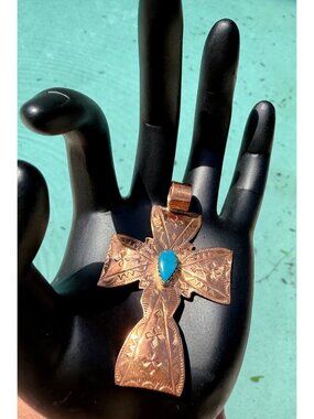 NWOT Artisan Native Copper Turquoise Cross Statement Pendant Signed Etched gift